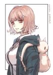  1girl absurdres animal_bag artist_name backpack bag bangs black_jacket black_shirt blush breasts brown_eyes brown_hair cat_bag collared_shirt danganronpa_(series) danganronpa_2:_goodbye_despair eyebrows_visible_through_hair flipped_hair from_side hair_ornament hairclip highres hood hood_down huge_filesize jacket large_breasts long_sleeves looking_at_viewer medium_hair nanami_chiaki neck_ribbon pink_hair ribbon ringovalent shirt solo two-tone_shirt upper_body white_background 