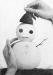  button_eyes crafting fingernails graphite_(medium) greyscale hands hat holding holding_clothes holding_hat monochrome noske original simple_background snow snowman stick traditional_media white_background 