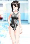  1girl absurdres bangs black_hair blurry bob_cut brown_eyes competition_swimsuit cowboy_shot depth_of_field girls_und_panzer grey_swimsuit highres huge_filesize kawashima_momo lane_line lifeguard_chair looking_at_viewer multicolored multicolored_clothes multicolored_swimsuit one-piece_swimsuit pool poolside short_hair solo swimsuit takafumi 