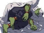  1boy barefoot black_nails closed_mouth colored_skin dragon_ball green_skin highres lying magu_(magu_5) male_focus on_side piccolo pointy_ears simple_background solo turban white_background 