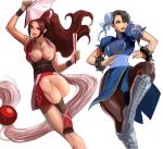  bangs bare_shoulders bracelet braid breasts brown_hair bun_cover china_dress chinese_clothes chun-li cleavage crossover double_bun dress eyebrows_visible_through_hair fan fatal_fury fingerless_gloves folding_fan gloves hair_ornament highres japanese_clothes jewelry kimono large_breasts long_hair looking_at_viewer meke multiple_girls ninja open_mouth pantyhose pelvic_curtain red_eyes revealing_clothes shiranui_mai smile street_fighter the_king_of_fighters thick_thighs thighhighs thighs very_long_hair weapon 