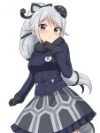  1girl absurdres black_fur black_skirt blue_eyes blue_jacket blush cowboy_shot eyebrows_visible_through_hair frilled_skirt frills fur_collar fur_trim genbu_(kemono_friends) grey_hair grey_skirt highres jacket japari_symbol kemono_friends long_hair long_sleeves looking_at_viewer multicolored multicolored_clothes multicolored_skirt ponytail print_skirt puffy_coat shiraha_maru simple_background skirt solo tail turtle_print turtle_shell white_background 