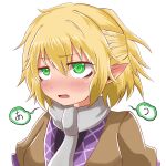  1girl bangs black_shirt blonde_hair blush breasts brown_jacket clip_studio_paint_(medium) commentary_request ear_blush eyebrows_visible_through_hair green_eyes hair_between_eyes half_updo highres jacket looking_to_the_side medium_breasts mizuhashi_parsee multicolored multicolored_clothes multicolored_jacket open_mouth pointy_ears scarf shirt short_hair short_ponytail simple_background solo touhou translation_request upper_body white_background white_scarf yasui_nori 