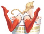  1girl animal_ear_fluff animal_ears ass bare_arms bare_shoulders bikini blonde_hair blue_eyes blush breasts cat_ears cat_girl cat_tail clothing_cutout commentary cup_noodle extra_ears feet_up from_behind full_body long_hair looking_at_viewer looking_back lying medium_breasts minigirl no_shoes on_stomach original pinakes red_legwear sidelocks simple_background solo swimsuit tail tail_cutout thighhighs trefoil underboob white_background white_bikini 
