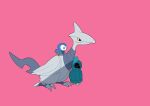  beldum black_eyes closed_mouth commentary_request fukafuka gen_2_pokemon gen_3_pokemon gen_4_pokemon highres no_humans pink_background piplup pokemon pokemon_(creature) riding riding_pokemon simple_background sitting skarmory starter_pokemon 