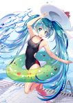  1girl bangs barefoot black_swimsuit blue_eyes blue_hair bow breasts collarbone competition_swimsuit eyebrows_visible_through_hair floating_hair hat hat_bow hatsune_miku highres innertube k12io long_hair one-piece_swimsuit open_mouth poolside red_bow shiny shiny_hair small_breasts solo standing standing_on_one_leg sun_hat swimsuit transparent twintails very_long_hair vocaloid watermark white_headwear 