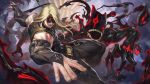  1boy belt_buckle black_pants blonde_hair buckle covered_eyes eddie_(guilty_gear) fighting_stance fingerless_gloves gloves guilty_gear guilty_gear_strive highres long_hair male_focus muscular muscular_male pants skan_srisuwan zato-1 