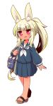  1girl :d animal_ear_fluff animal_ears bag bangs blonde_hair blue_sailor_collar blue_serafuku blue_shirt blue_skirt brown_footwear bunny_ears commentary_request eyebrows_visible_through_hair full_body heart heart-shaped_pupils highres long_hair long_sleeves looking_at_viewer masurao_(sekaiju) naga_u neckerchief open_mouth pleated_skirt ponytail puffy_long_sleeves puffy_sleeves purple_eyes sailor_collar sandals school_bag sekaiju_no_meikyuu sekaiju_no_meikyuu_5 shirt short_eyebrows simple_background skirt smile solo standing symbol-shaped_pupils tan thick_eyebrows very_long_hair white_background white_neckwear 