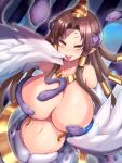  1girl bangs breasts brown_hair collarbone commentary_request covering covering_breasts feathered_wings hair_ornament highres jewelry lamia large_breasts long_hair mon-musu_quest! mon-musu_quest:_paradox monster_girl navel necklace nude open_mouth parted_bangs pointy_ears raichi_(ddq0246) saja_(mon-musu_quest!) saliva smile snake_hair tongue tongue_out winged_arms wings yellow_eyes 