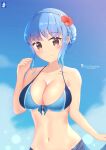  1girl artist_name bikini blue_bikini blue_hair blue_sky braid breasts brown_eyes chinchongcha cleavage crown_braid eyebrows_visible_through_hair fire_emblem fire_emblem:_three_houses flower front-tie_bikini front-tie_top hair_flower hair_ornament highres large_breasts looking_at_viewer marianne_von_edmund navel sarong sky swimsuit 