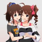  2girls :d ;d ahoge artist_name bangs black_shirt blue_eyes blue_scrunchie bodysuit bow brown_hair commentary_request cosplay costume_switch dress drill_hair hair_bow holding_hands idolmaster idolmaster_million_live! interlocked_fingers jewelry long_sleeves looking_at_another medium_hair multiple_girls necklace off-shoulder_dress off_shoulder one_eye_closed open_mouth pink_bodysuit ponytail print_scrunchie print_shirt purple_eyes satake_minako scrunchie shirt shirt_straps side_drill side_ponytail signature smile star_(symbol) star_print striped striped_shirt tun upper_body white_shirt wristband yokoyama_nao yuri 