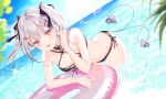  1girl :d asumi_sena bare_arms bare_shoulders bikini black_bikini black_choker bow breasts cattleya_regina_games choker criss-cross_halter dutch_angle hair_bow hair_ornament halterneck highres innertube long_hair looking_at_viewer multicolored_hair multiple_tails myusha navel ocean open_mouth outdoors purple_eyes silver_hair small_breasts smile solo stomach streaked_hair swimsuit tail thighs twintails two_tails virtual_youtuber wading x_hair_ornament 