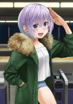  1girl :d blue_eyes blush breasts chris_(konosuba) coat collarbone commentary_request contemporary contrapposto cowboy_shot denim denim_shorts fur_trim green_coat hair_between_eyes hand_in_pocket hand_up highres izawa_koushi kono_subarashii_sekai_ni_shukufuku_wo! long_sleeves looking_at_viewer open_clothes open_mouth partial_commentary purple_eyes shirt short_hair short_shorts shorts small_breasts smile solo white_shirt 