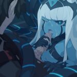  001_(darling_in_the_franxx) 1boy 1girl ;o bangs bare_shoulders black_hair blue_eyes blue_skin blunt_bangs breasts colored_skin covered_nipples cum cum_bubble cum_in_mouth cum_on_body cum_on_breasts darling_in_the_franxx deepthroat dragon_girl ejaculation erection facial facial_mark fellatio fingernails grabbing hetero hiro_(darling_in_the_franxx) horns kakure_eria long_hair one_eye_closed oral penis pilot_suit princess restrained sharp_fingernails sidelocks sitting small_breasts straight_hair sweatdrop tentacles tentacles_on_male uncensored underboob veins veiny_penis white_hair 
