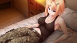  1girl bangs bedroom blonde_hair breasts camouflage camouflage_pants cleavage closed_mouth collarbone covered_nipples ellen_aice eyebrows_visible_through_hair game_cg hair_between_eyes hair_ornament hairclip indoors long_hair low_ponytail lying medium_breasts midriff muvluv muvluv_alternative muvluv_alternative_strike_frontier navel official_art on_back pants pillow purple_eyes shiny shiny_hair sleeveless smile solo stomach very_long_hair 