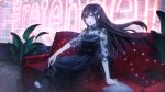  1girl atuhi brown_hair christmas_lights chromatic_aberration couch doumyouji_cocoa dress flower hair_between_eyes hair_ornament highres holding holding_flower light_particles long_hair looking_at_viewer neon_lights red_eyes riot_music sheer_clothes sitting smile solo virtual_youtuber 