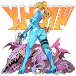  1girl ass ass_grab bandages blonde_hair blue_bodysuit blue_eyes bodysuit claws closed_mouth dragon from_behind from_below gun high_heels holding holding_gun holding_weapon kafun looking_at_viewer looking_back metroid metroid_(creature) mole mole_under_mouth open_mouth paralyzer ponytail ridley samus_aran smoke standing teardrop tongue tongue_out weapon white_background wings zero_suit 