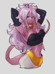  1girl android_21 armpits blue_eyes breasts cleavage closed_mouth colored_skin dragon_ball dragon_ball_fighterz earrings grey_background hair_between_eyes hoop_earrings jewelry kemachiku long_hair majin_android_21 medium_breasts midriff navel pink_hair pink_skin simple_background solo tail 