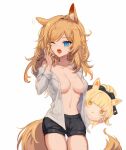  1girl ;o animal_ear_fluff animal_ears arknights bangs bare_shoulders black_shorts blemishine_(arknights) blonde_hair blue_eyes breasts commentary cowboy_shot eyebrows_visible_through_hair hickey highres horse_ears horse_girl horse_tail long_hair medium_breasts navel off_shoulder one_eye_closed open_clothes open_mouth open_shirt short_shorts shorts simple_background solo spacelongcat standing stomach tail tears thighs whislash_(arknights) white_background yawning 
