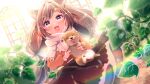  1girl absurdres animal animal_ears bangs blurry blurry_background blurry_foreground blush brown_eyes brown_hair dog dutch_angle highres holding holding_animal indie_virtual_youtuber inuyashiki_ren long_hair looking_at_viewer open_mouth scarf shiba_inu solo swept_bangs thick_eyebrows urara_(sumairuclover) virtual_youtuber 