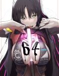  1girl bangs bare_shoulders between_breasts bikini black_bikini black_hair black_shirt blush body_writing bodystocking breasts cleavage clothes_lift facial_mark fate/grand_order fate_(series) forehead_mark halter_top halterneck highres large_breasts long_hair looking_at_viewer multicolored_hair necktie open_mouth parted_bangs pink_hair pink_neckwear sesshouin_kiara sesshouin_kiara_(swimsuit_mooncancer)_(fate) shirt shirt_lift solo streaked_hair swimsuit syatey tongue tongue_out traffic_baton very_long_hair yellow_eyes 