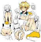  1boy absurdres ankle_socks ashikaga_hyouta bishounen_series blazer blonde_hair bottomless doppel_(bonnypir) footjob green_jacket highres jacket legs lying male_focus on_stomach penis school_uniform short_shorts shorts single_sock sitting socks symbol_commentary yellow_eyes yellow_legwear yubiwa_high_school_uniform |_| 