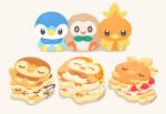  3others banana bird butter chocolate_syrup commentary food fruit gen_3_pokemon gen_4_pokemon gen_7_pokemon highres icing looking_at_viewer multiple_others no_humans open_mouth owl pancake piplup pokemon rizu_(rizunm) rowlet signature simple_background sprinkles strawberry tagme torchic twitter_username white_background 