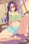  1girl barefoot beer_can blue_shorts blush breasts camisole can commentary demi-chan_wa_kataritai english_commentary fusuma glasses grin highres indoors large_breasts long_hair looking_at_viewer midriff navel purple_eyes purple_hair red-framed_eyewear rtil satou_sakie see-through semi-rimless_eyewear short_shorts shorts sitting sliding_doors smile solo spread_legs tatami thick_thighs thighs under-rim_eyewear window yellow_camisole 