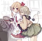  2girls alternate_costume apron bangs blonde_hair closed_eyes closed_mouth collared_shirt commentary cooking crystal egg eyeball eyebrows_visible_through_hair flandre_scarlet frilled_apron frilled_shirt_collar frilled_sleeves frills frying_pan furrowed_brow green_hair green_skirt hair_between_eyes hair_ribbon holding holding_frying_pan kitchen komeiji_koishi long_sleeves multiple_girls no_hat no_headwear one_side_up puffy_short_sleeves puffy_sleeves red_ribbon red_skirt red_vest ribbon shirt short_hair short_sleeves sidelocks simple_background skirt smile sorani_(kaeru0768) stove third_eye touhou translation_request vest wavy_hair white_apron white_background white_shirt wide_sleeves wings wrist_cuffs yellow_shirt yuri 