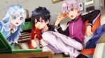  3boys :d black_footwear black_hair blue_eyes blurry blurry_background bookshelf brooch couch eating food gloves grey_hair highres hood hood_down indoors iwakiyamayukisatoshironanogojuurokushi_akira jacket jewelry kemono_jihen kinonuketa_ika kusaka_kabane long_hair long_sleeves male_focus multiple_boys open_mouth pants pizza pizza_box purple_eyes purple_jacket red_eyes red_gloves silver_hair sitting smile tademaru_shiki twitter_username white_pants 