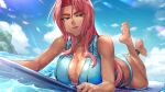  1girl action_taimanin bare_shoulders barefoot blue_sky breasts cleavage cliff cloud eyebrows_visible_through_hair eyes_visible_through_hair game_cg highres ingrid_(taimanin_murasaki) kagami_hirotaka large_breasts legs legs_up looking_at_viewer lying mole mole_under_mouth ocean pink_hair purple_lips shiny shiny_skin sky surfboard swimsuit taimanin_(series) thick_eyebrows water wet yellow_eyes 