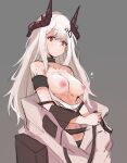 1girl arknights black_choker black_collar blush breasts choker collar commentary dot_mouth eyebrows_visible_through_hair grey_background hair_ornament highres horns looking_at_viewer medium_breasts midriff mudrock_(arknights) nipples oripathy_lesion_(arknights) pointy_ears red_eyes retri silver_hair simple_background solo stomach topless 