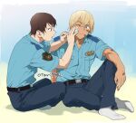  2boys amuro_tooru applying_bandages bandage_on_face bandages bandaid bandaid_on_arm bandaid_on_face bandaid_on_hand bangs belt black_belt black_pants blonde_hair blue_background blue_eyes blue_shirt brown_hair closed_mouth collared_shirt commentary_request first_aid hair_between_eyes indesign indian_style knee_up looking_at_another male_focus meitantei_conan multiple_boys no_shoes one_eye_closed open_mouth pants police police_uniform policeman scotch_(meitantei_conan) shadow shirt shirt_tucked_in short_hair short_sleeves signature sitting socks uniform white_legwear 