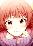  1girl :3 bangs eyebrows_visible_through_hair idolmaster idolmaster_million_live! long_sleeves looking_at_viewer nogoodlife nonohara_akane portrait purple_sweater red_eyes red_hair short_hair sleeves_past_wrists solo sweater 