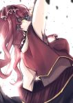  1girl absurdres back bangs breasts glowing glowing_eyes hair_ornament highres holding holding_sword holding_weapon hololive houshou_marine incoming_attack kohiiro large_breasts looking_at_viewer red_hair serious simple_background solo sword virtual_youtuber weapon white_background yellow_eyes 