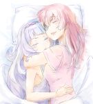  2girls asymmetrical_docking bangs blanket breast_press breasts drooling eyepatch flat_chest hairband hololive houshou_marine hug medium_breasts multiple_girls murasaki_shion pillow pink_hair silver_hair sleeping tataki_tuna virtual_youtuber white_theme 