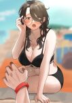 1girl 1other bikini black_bikini black_hair blurry blurry_background blush breasts brown_eyes cleavage day ear_piercing glasses glint hair_between_eyes hand_up hands highres jewelry large_breasts long_hair looking_at_viewer necklace onaka_emi open_mouth original outdoors piercing solo_focus swimsuit 