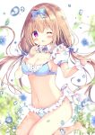  1girl ;d azumi_kazuki bangs bikini blue_bikini blue_bow blue_flower blurry blurry_background blush bow breasts brown_hair cleavage commentary depth_of_field detached_sleeves eyebrows_visible_through_hair flower frilled_bikini frills hair_between_eyes hair_bow hand_up highres long_hair looking_at_viewer low_twintails medium_breasts one_eye_closed open_mouth original puffy_short_sleeves puffy_sleeves purple_eyes short_sleeves smile solo swimsuit symbol_commentary twintails very_long_hair water_drop white_background white_sleeves wrist_cuffs 