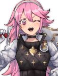  1girl bangs black_choker choker fire_emblem fire_emblem_fates gloves hair_between_eyes hairband holding holding_sword holding_weapon long_hair long_sleeves looking_at_viewer mozuku_3 one_eye_closed open_mouth pink_eyes pink_hair soleil_(fire_emblem) solo sword upper_body upper_teeth weapon white_background white_gloves white_hairband 