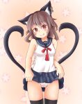  1girl :q animal_ear_fluff animal_ears bare_shoulders black_legwear breasts brown_eyes brown_hair cameltoe cat_ears cat_tail chen clothes_lift commentary cowboy_shot earrings haruirokomici head_tilt heart heart_tail jewelry lifted_by_self looking_at_viewer medium_breasts multiple_tails nekomata no_hat no_headwear pink_background short_hair simple_background single_earring skirt skirt_lift solo tail thighhighs tongue tongue_out touhou two_tails upskirt 