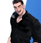  1boy ;d bara black_eyes black_hair black_shirt breasts cleavage company_name genderswap genderswap_(ftm) highres jang_ju_hyeon male_cleavage male_focus one_eye_closed open_mouth pectorals samsung samsung_sam shirt sideburns simple_background smile thick_eyebrows two-tone_background upper_body 