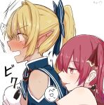  !? 2girls bangs bare_shoulders blonde_hair blush dark-skinned_female dark_skin elf eyebrows_visible_through_hair hair_ribbon highres hololive houshou_marine licking licking_back long_hair looking_at_viewer multiple_girls open_mouth pointy_ears red_hair ribbon shiranui_flare spoken_interrobang sweat translated tsubudashi twintails virtual_youtuber yuri 