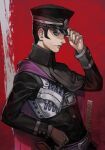  1boy belt black_hair cape devil_summoner from_side gakuran hand_on_hip hat hilt holding holding_clothes holding_hat hungry_clicker kuzunoha_raidou light_smile looking_at_viewer peaked_cap red_background school_uniform shin_megami_tensei sideburns solo upper_body 