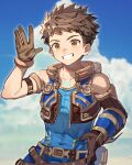  1boy absurdres bare_shoulders belt brown_gloves brown_hair day gloves grin highres male_focus outdoors rex_(xenoblade) sky smile solo sora_(zwz030) waving xenoblade_chronicles_(series) xenoblade_chronicles_2 yellow_eyes 