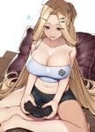  1girl azur_lane bags_under_eyes bare_shoulders barefoot black_shorts blonde_hair breasts bunker_hill_(azur_lane) bunker_hill_(mission_relaxation)_(azur_lane) cleavage commentary_request controller folded_hair game_console game_controller hair_ornament hairclip large_breasts long_hair midriff navel official_alternate_costume open_mouth pillow playing_games playstation_4 saliva short_shorts shorts sitting strap_slip tank_top thighs very_long_hair white_tank_top wooden_floor xe_(execut3r) yellow_eyes 