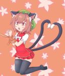  1girl :o animal_ear_fluff animal_ears bound bound_wrists bow bowtie brown_eyes brown_hair cat_ears cat_tail chen commentary_request dress earrings floral_background full_body haruirokomici hat heart heart_tail jewelry kneeling mob_cap multiple_tails nekomata open_mouth orange_background red_dress short_hair simple_background single_earring solo tail touhou two_tails white_neckwear 
