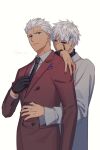  2boys alternate_costume archer_(fate) archer_alter black_gloves black_nails black_neckwear cowboy_shot earrings fate/grand_order fate/stay_night fate_(series) fingernails formal gloves grey_eyes grey_hair grey_suit hair_ornament hair_slicked_back hairclip hand_on_another&#039;s_shoulder hand_on_another&#039;s_waist heterochromia hikaru_(asteriskring) jewelry looking_at_viewer male_focus messy_hair mismatched_sclera multiple_boys necktie red_eyes red_suit standing suit tan twitter_username 
