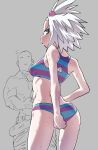  1girl alternate_costume ass back bikini blush breasts bulge dekosukentr forehead freckles gym_leader hair_bobbles hair_ornament highres looking_at_viewer looking_back medium_breasts pokemon pokemon_(game) pokemon_bw2 roxie_(pokemon) striped striped_bikini sweat swimsuit tight topknot white_hair 