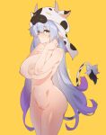  1girl animal_print blue_hair breasts brown_eyes completely_nude cow_hat cow_print cow_tail draph eyebrows_visible_through_hair gradient_hair granblue_fantasy hair_between_eyes highres large_breasts long_hair looking_at_viewer multicolored_hair nipples nude print_headwear purple_hair pussy shatola_(granblue_fantasy) simple_background solo tail tilt-shift twitter_username yellow_background 