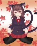  1girl :p animal_ear_fluff animal_ears black_jacket bow bowtie brown_hair cat_ears cat_tail chen clothes_lift earrings floral_background flower_request full_body haruirokomici jacket jewelry lifted_by_self long_hair looking_at_viewer multiple_tails nekomata pantyhose red_eyes red_neckwear red_skirt single_earring sitting skirt skirt_lift solo tail tongue tongue_out touhou two_tails wariza 